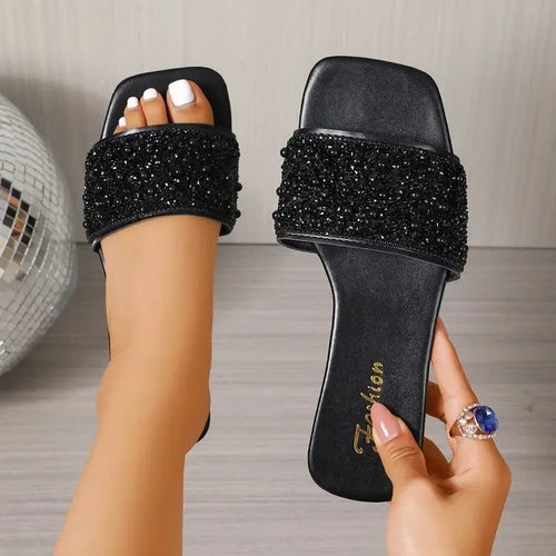 Black Beaded Square Toe Slide Sandals
