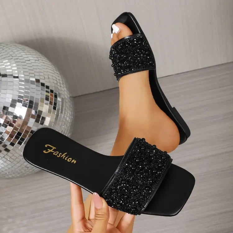 Black Beaded Square Toe Slide Sandals